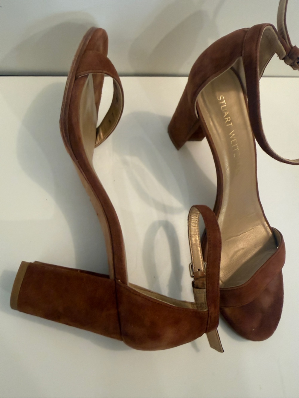 Stuart Weitzman Suede Ankle Strap Block Heel Sandals Brown Carmel Brown size 7.5 - Picture 16 of 16
